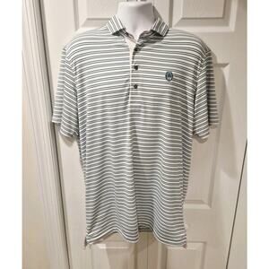 Greyson Golf Polo Performance Shirt Mens Large Blue White Striped Wolf Logo